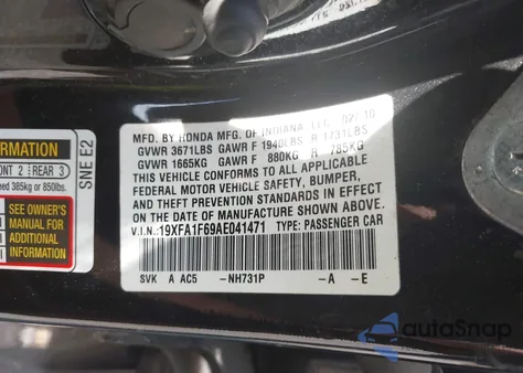 2010 Honda Civic Lx-S z USA, uszkodzony, nr VIN 19XFA1F69AE041471